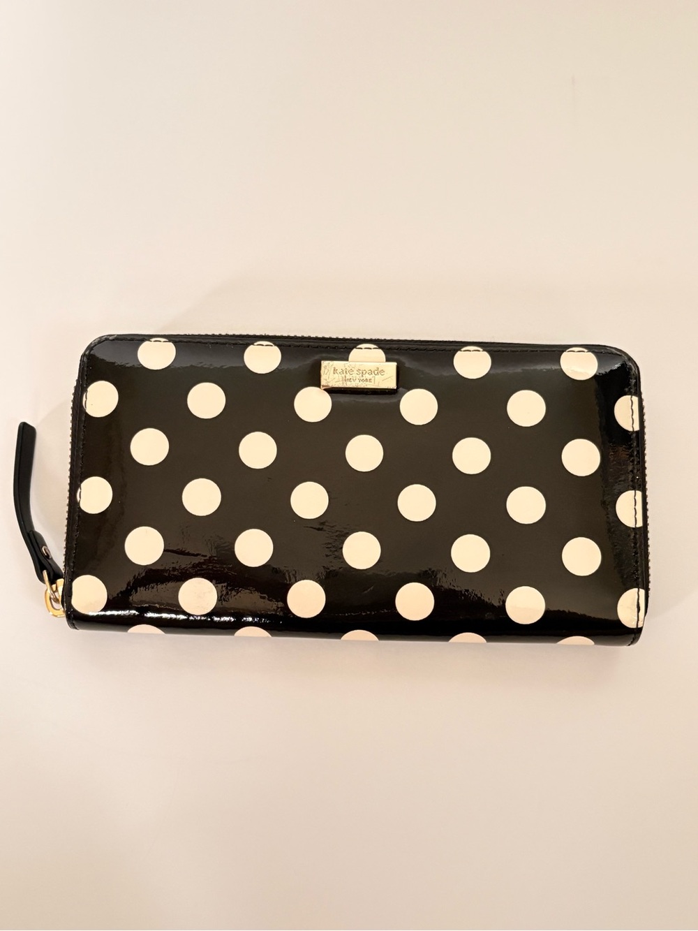 kate spade Black and Cream Polka Dot Patent Zip-Around Wallet